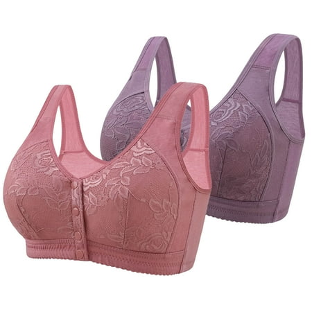 REORIAFEE Bras for Women Pack 2 Pack Front Closure Gathered Together Wireless Bras Lace embroidery Brassiere Wide Strap Breathable Corset Underwear Comfortable Classic Support Lingerie Pink 50/115
