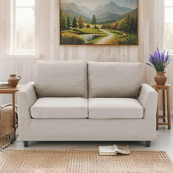 AECOJOY Modern Loveseat Sofa with 2 Pillows, Small Couch for Apartment, Dorm, Office or Bedroom, Beige