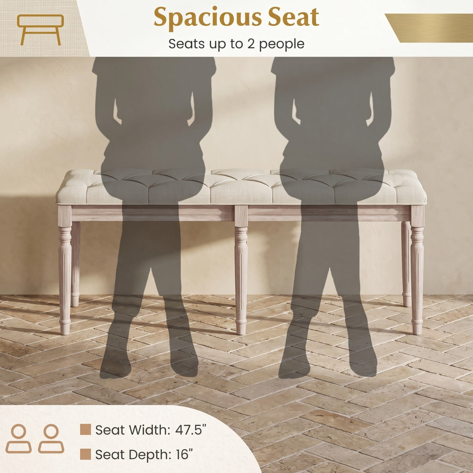 Furnibear 47.5 Inch Upholstered Bench with Button Tufted Padded Linen Seat and Carved Rubber Wood Legs for Bedroom, Beige