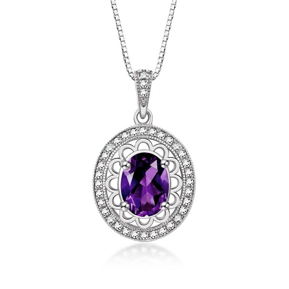 RYLOS Necklace White Gold 14K Halo Designer Necklace Gemstone & Diamonds Pendant 18" Chain 8X6MM Amethyst February Birthstone Womens Jewelry Gold Necklace