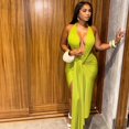 thumbnail image 2 of Women's Halter Deep V-Neck Chest Wrapped Sleeveless Backless Pleated Split Ribbons Bandage Dress, Solid Color, Sexy, 2 of 20