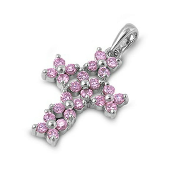 Bold Vintage Flower Cross Pendant Pink Cubic Zirconia .925 Sterling Silver Charm Jewelry Female