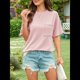 thumbnail image 5 of Blusa de Verano de Corta para Mujer, Estilo Túnica Básica Informal con Cuello Redondo Texturizado y Gran Tamaño Rosa XL, 5 of 10