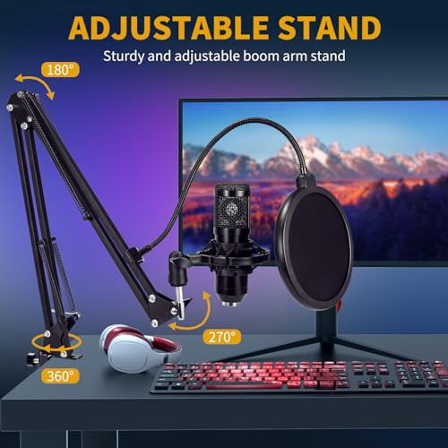 Condenser Microphone,Professional USB Microphone Plug & Play PC Computer Microphone Condenser Cardioid Mic Kit with Adjustable Boom Arm Stand Shock Mount,for Podcast,Streaming,YouTube，Tiktok