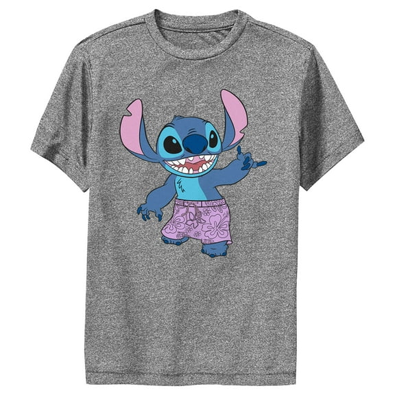 Boy's Lilo & Stitch Shaka Hand Gesture Stitch Performance Graphic Tee Charcoal Heather Large
