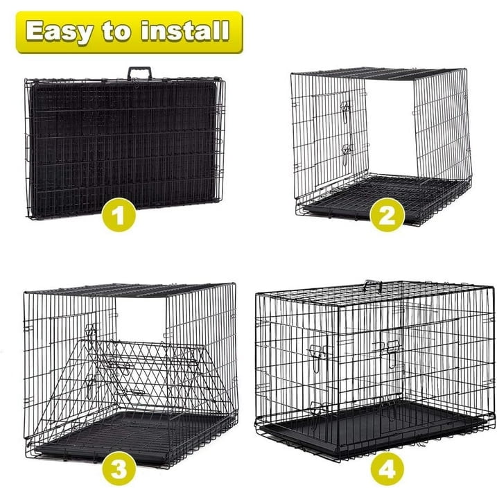 BestPet Large Dog Crate, 30in, Metal Wire, Double Door, Folding, Plastic Tray, Handle, Black
