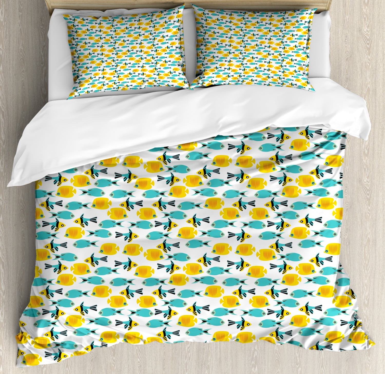 Fish Duvet Cover Set Queen Size, Fish Pattern with Simple Silhouette