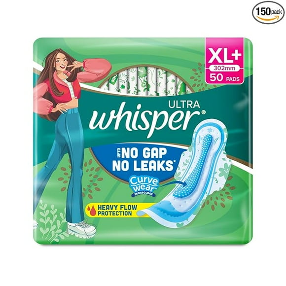 WHISPER ULTRA HYGIENE+COMFORT SANITARY PADS, 50 XL+ PADS, FOR HEAVY FLOW, LONG LASTING PROTECTION, LOCKS ODOUR & WETNESS, DRY TOP SHEET, DISPOSABLE WRAPPER