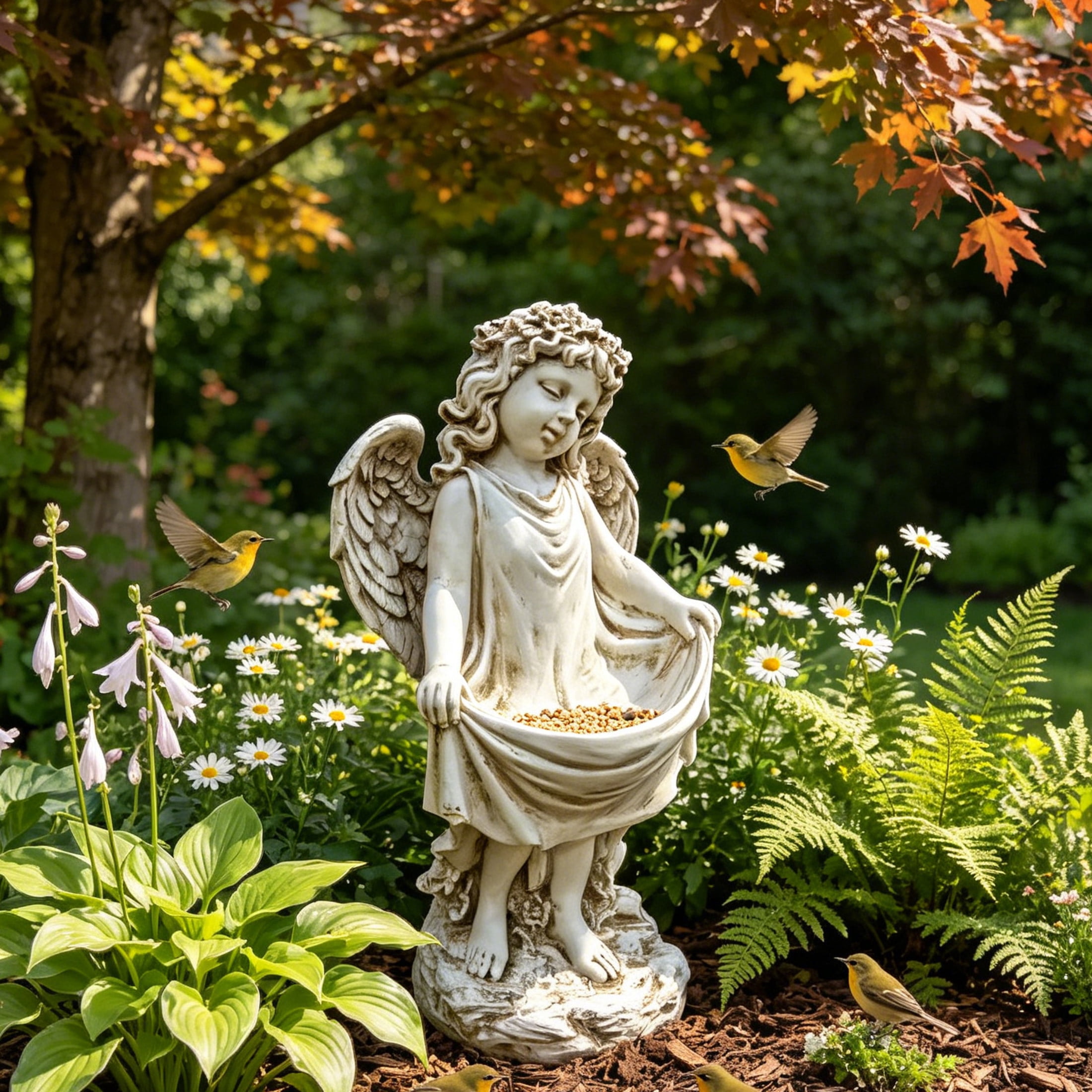 GDF Studio Weathered Angel Cherub Garden Statue, Vintage Off-White Resin Sculpture Figurine, Outdoor Yard Lawn Decor