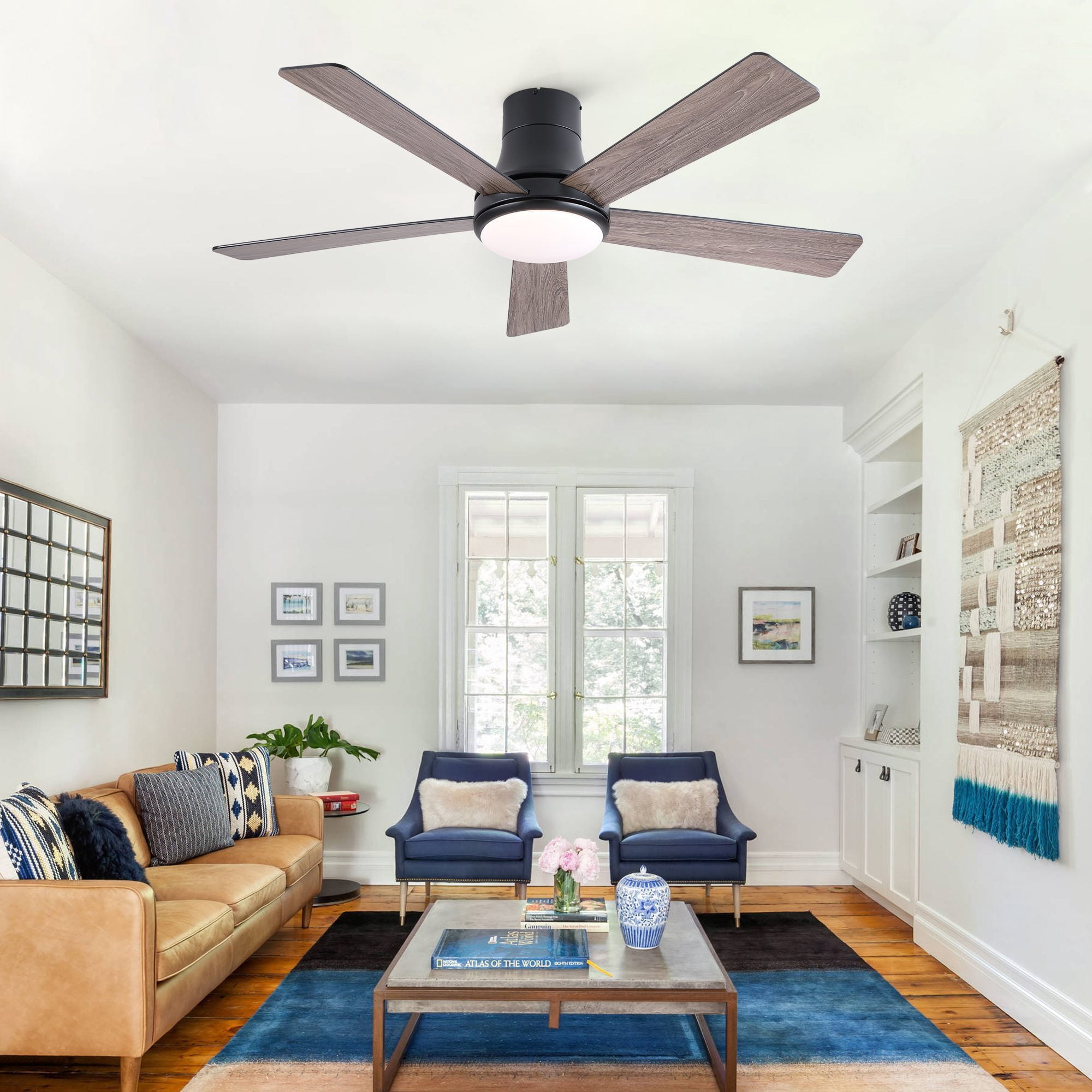 Leumius 52" Farmhouse Matte Black Integrated LED Smart Ceiling Fan with DC Remote Control for Bedroom Living Room