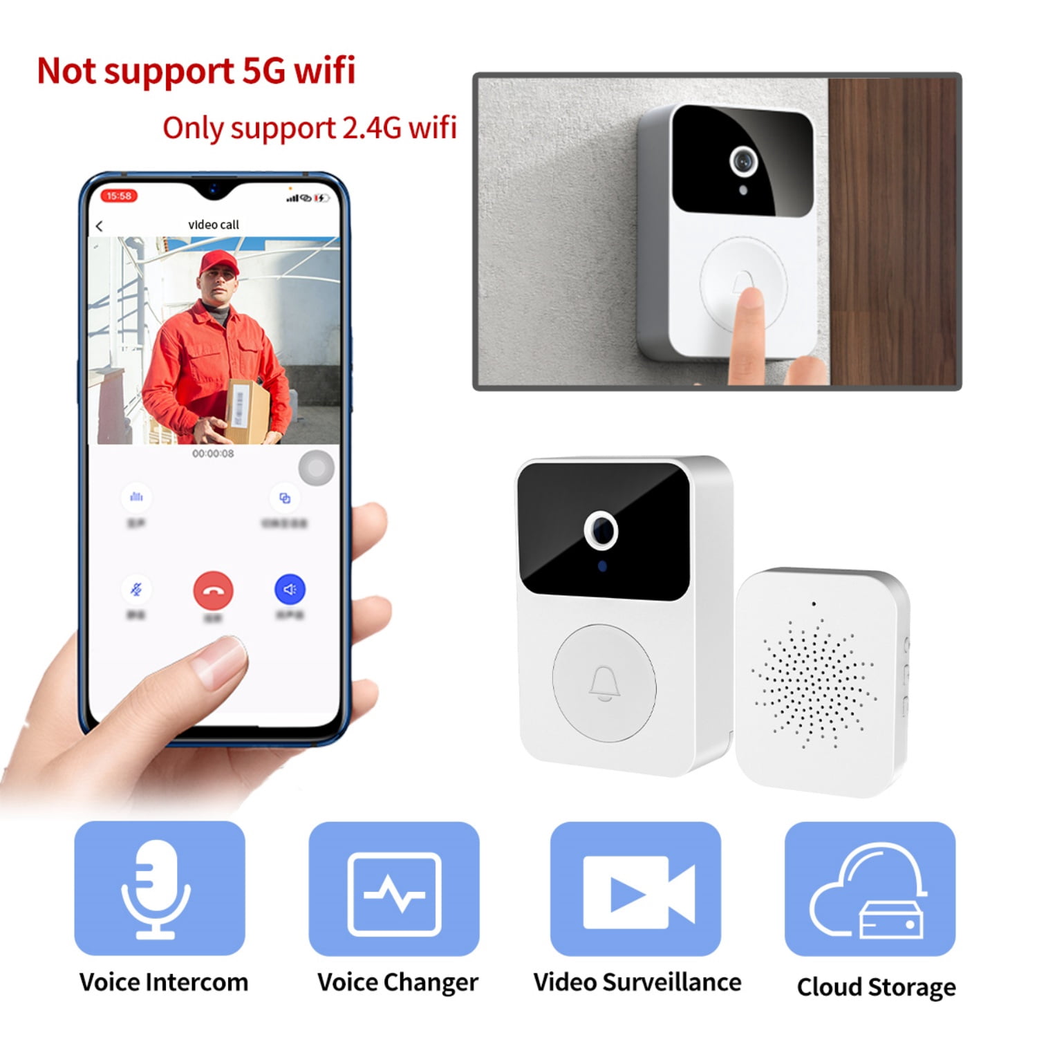 Visual Smart Doorbell, 300K Camera, 3-6 Months Use, 2-Year Standby for Home Security（Black）