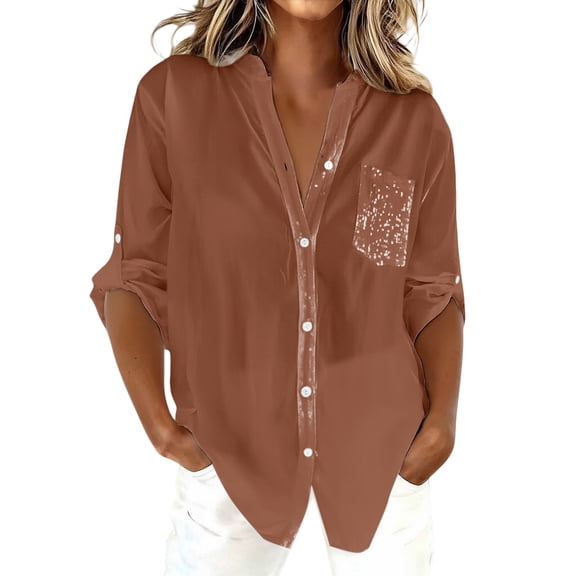 ManxiVoo Women's Casual Shirt Button Down Long Sleeve Blouse with Sparkle Sequin Detail and Pockets L Size Brown