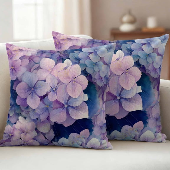 Vintage Hydrangea Waterproof Outdoor Throw Pillow Covers 24"x24" Pack 2, Pillow Cases Throw Cushion Cover with Zipper, Spring Purple Flowers Garden Plants Washable Pillowcase for Poolside Sofa