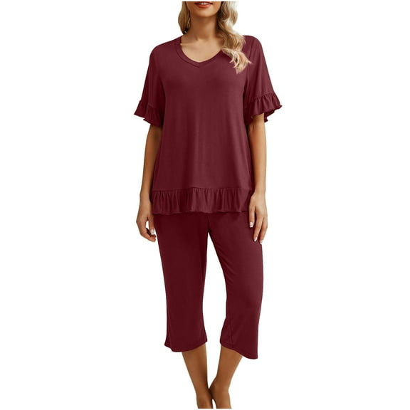 LYXSSBYX Womens Pajama Sets 2PC Fashion Woman V Neck Short Sleeve Blouse Loose Pockets Pants Sets