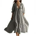 thumbnail image 3 of Sentmoon Robe en Lin Femme Été 2026 Confortable Col en V Robes Chemise pour Femmes Extensible Coupe Régulière Articles de Plage pour Plage et Vacances Gris TG, 3 of 7