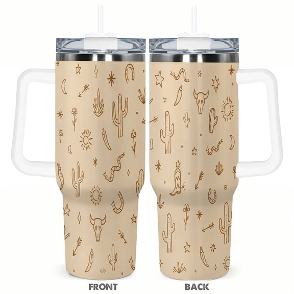 40oz Western Desert Tumbler with Handle and Straw Cactus Horseshoe Snake Cowboy Stainless Steel Insulated Travel Coffee Cup Gift