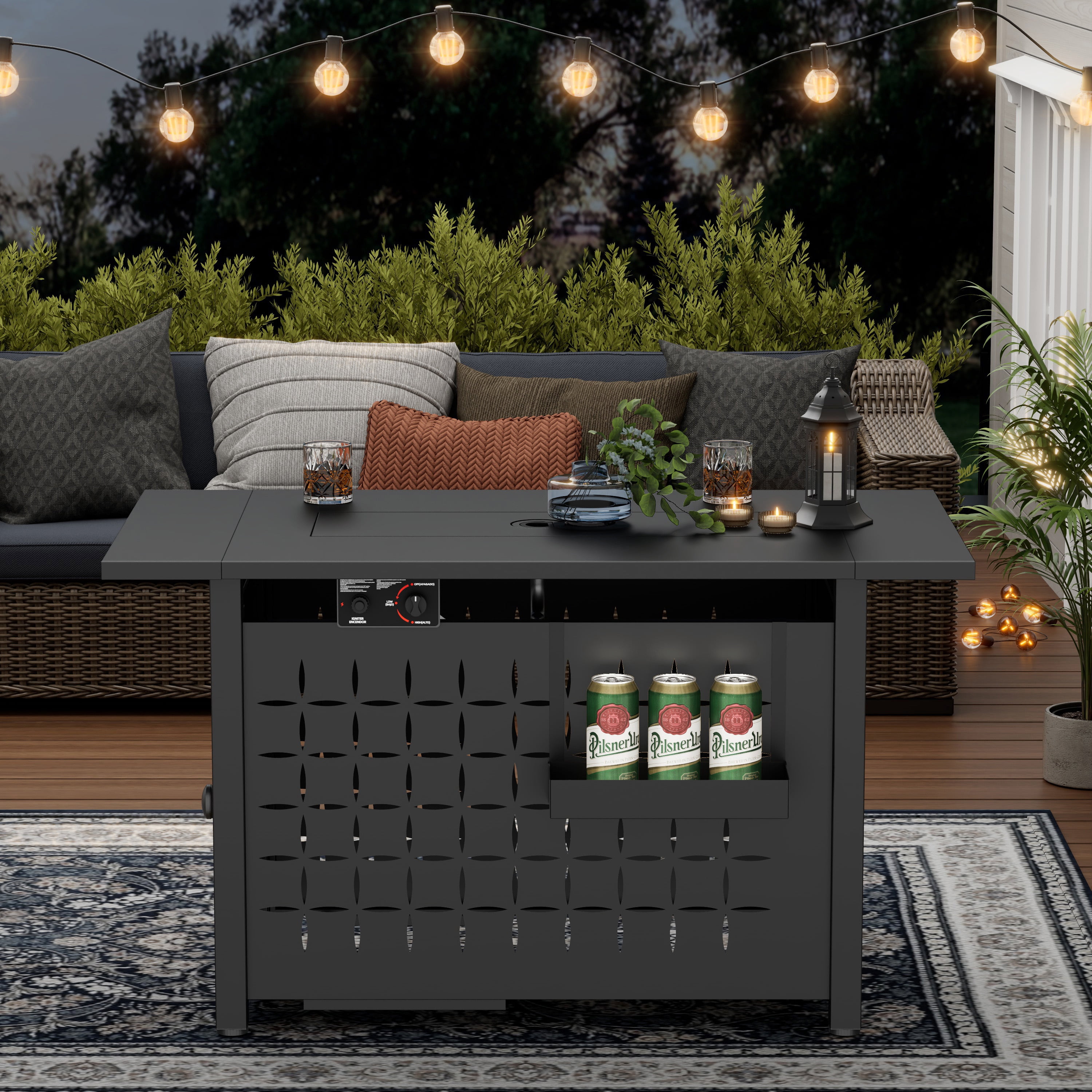 SEGMART 43'' Propane Fire Pit, 60,000 BTU Auto-Ignition Gas Fire Pit Table, Outdoor Fire Tables with Hanging Basket, Lid and Lava Rock for Outside, Garden, Backyard