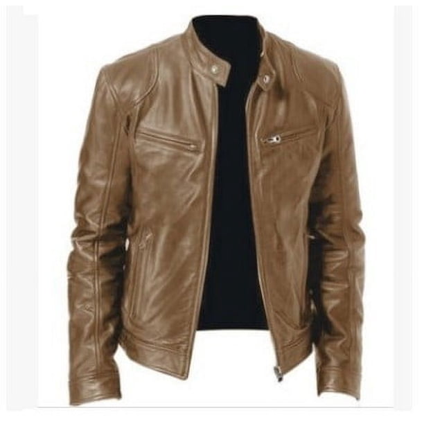 Chaqueta de cuero sintético con bolsillo decorativo y cremallera cálida para caballero de invierno, chaqueta de cuero de corte entallado y cuello vertical