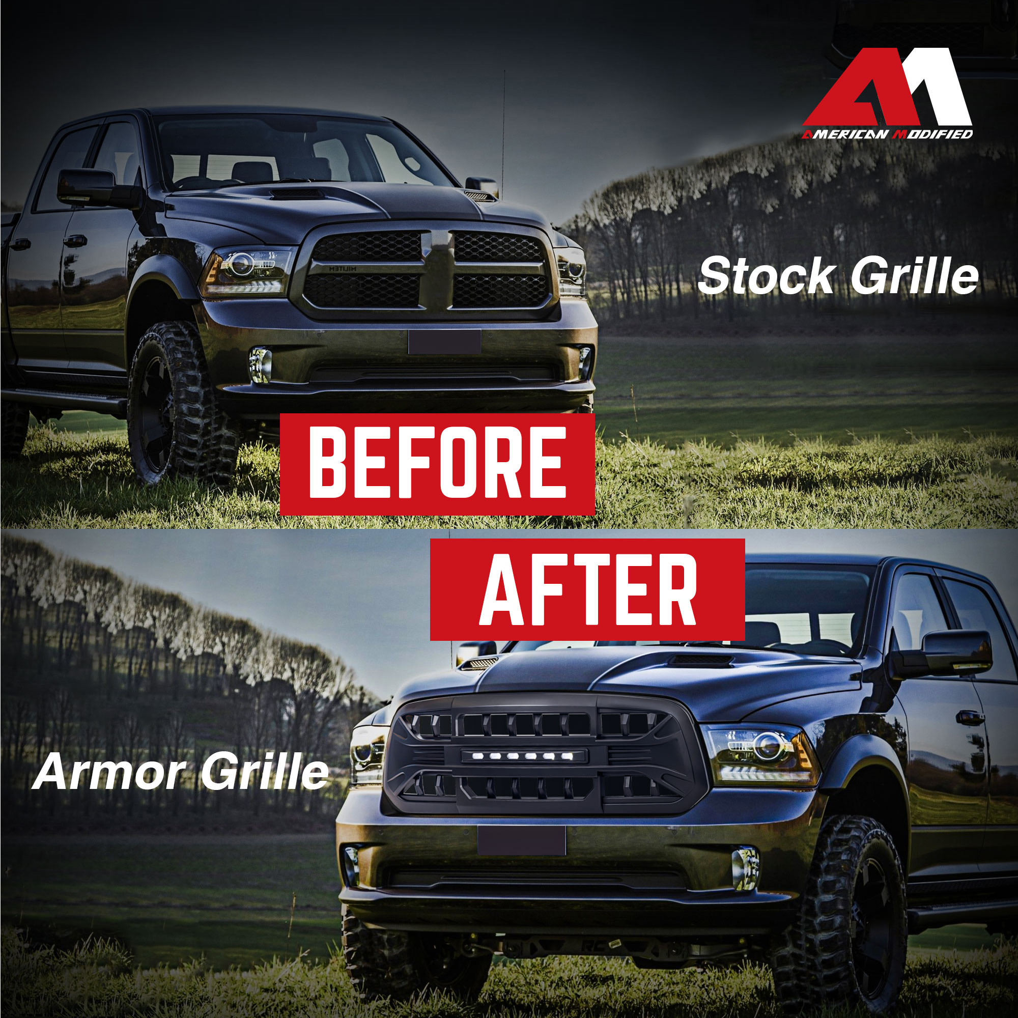 AMERICAN MODIFIED Armor Grille for 13-18 Dodge Ram 1500, 19-23 Ram 1500