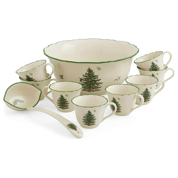 Drevy Christmas Tree 10 Piece Punch Bowl Set- Made of Fine Porcelain Includes - 1 Punch Bowl - 1 Ladle - 8 Punch Cups - Punch Bowl is 11 Inch - Punch Cups are 8 oz.