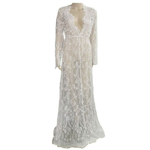 Maternity Maxi Maternity Gown V-neck Lace Dresses White,L)