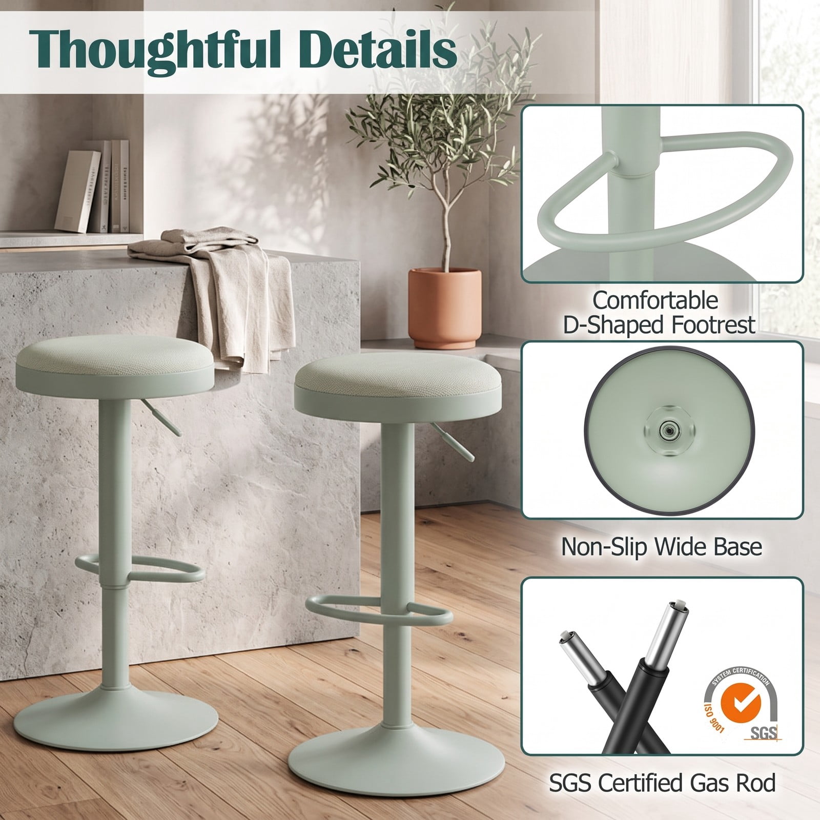 Furnibear Set of 2 Swivel Bar Stools, Height Adjustable Counter Stools with Cushioned Fabric Seat, D-Shaped Footrest and Rubber-Ring Base for Kitchen Island, Green