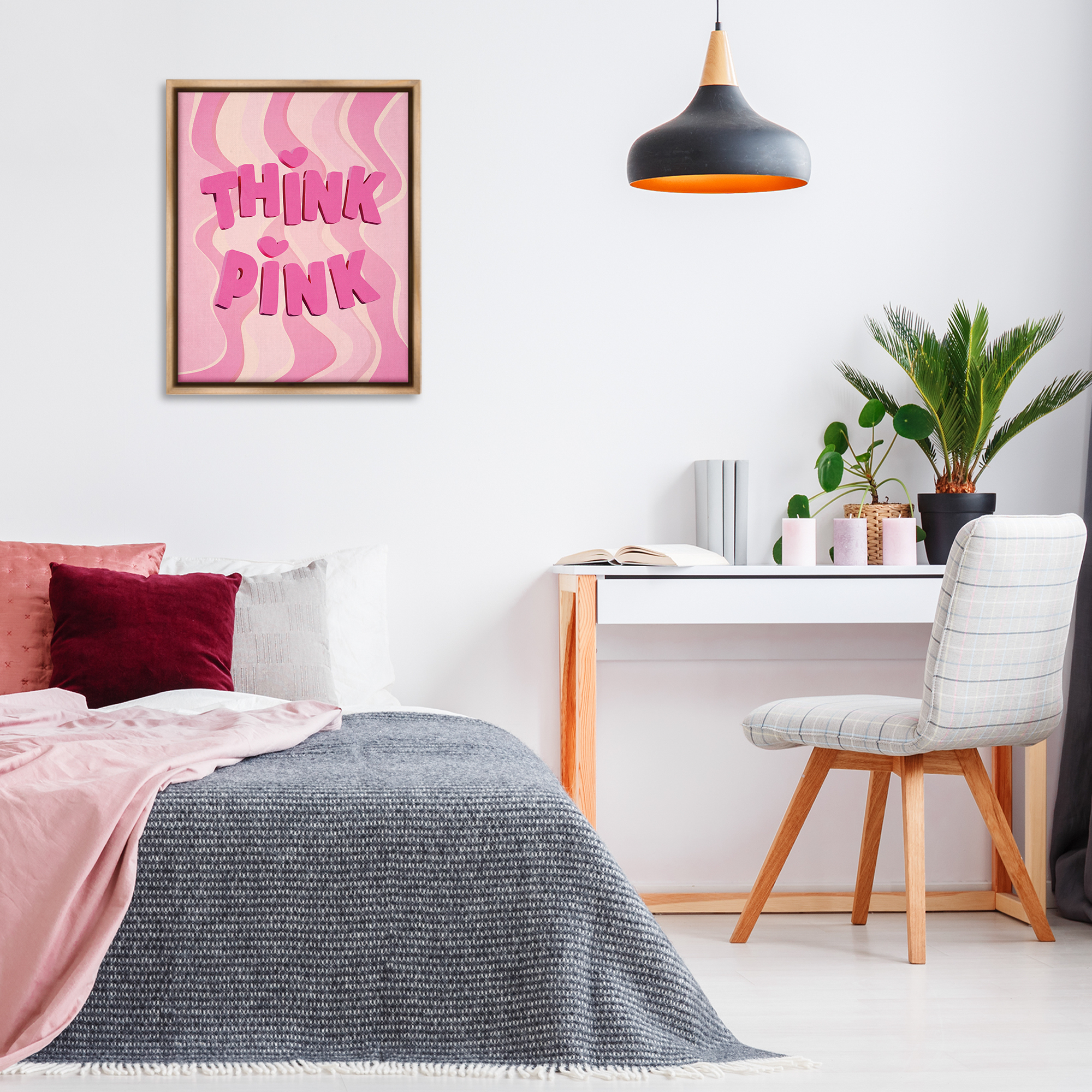 Stupell Industries Think Pink Wavy Pattern Text & Numbers Painting Brown Floater Framed Canvas Art Print Wall Art, 25 x 31