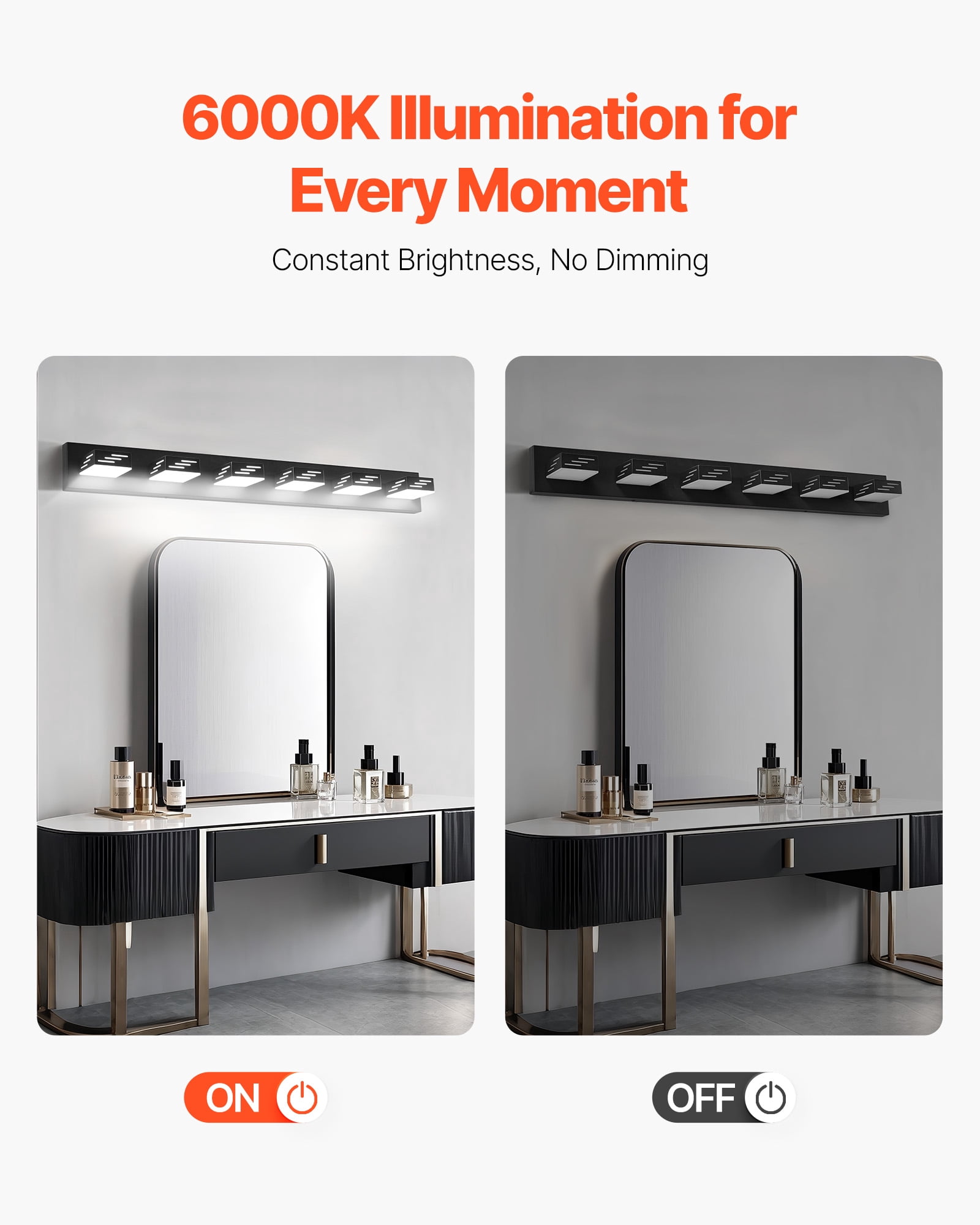 VEVOR 6-Light LED Modern Vanity Light Fixtures,40.35-Inch,Black Finish Bathroom Wall Lighting Fixture Over Mirror, with IP44 Waterproof, for Bathroom, Living Room, Bedroom, Hallway, Cool White 6000K