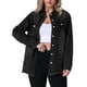 thumbnail image 1 of Chaqueta de mezclilla negra de mujer con botones, de manga larga, con dobladillo deshilachado y bolsillos, estilo oversized, 1 of 6