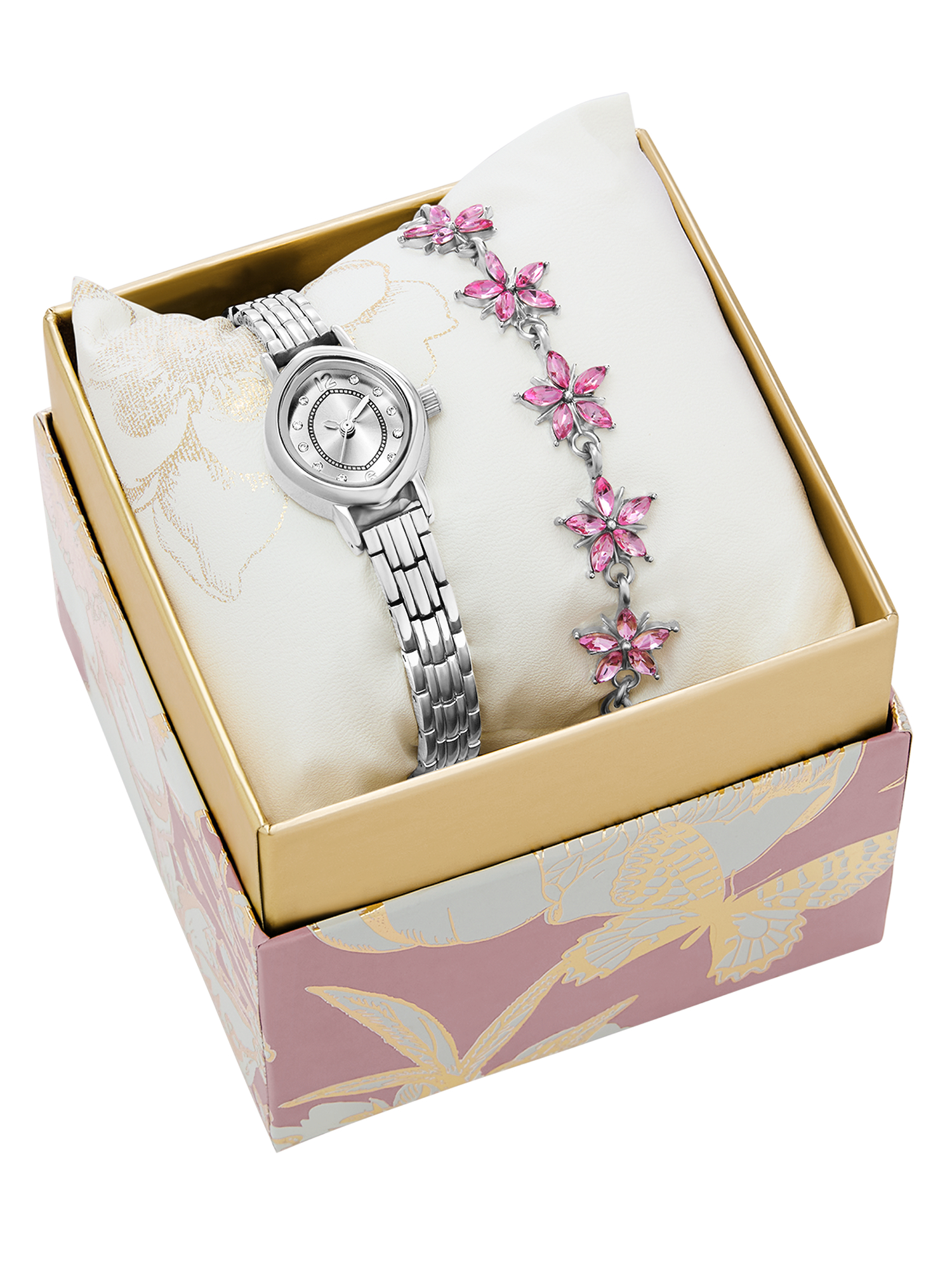 Folio Women’s 2pc Watch & Bracelet Set; 28mm Oval Case, Metal Bracelet, Silver FMDAL1222