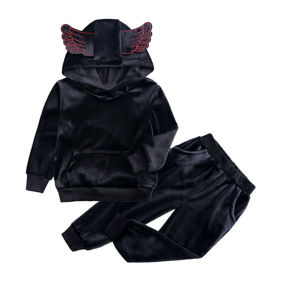 Otqutp 1-7 Years Baby Round Neck Sweatshirt Toddler Kid Girls Boys Long Sleeve Solid Hoodie Tops Pants 2PCS Outfits Clothes with Pocket(Black,12-18 Months)