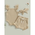 thumbnail image 3 of Hirigin Newborn Baby Girl Summer Outfit 0 3 6 12 18 Months Fly Sleeve Solid Color Ribbed Romper Tops Drawstring Short Pants Headband Set, 3 of 8