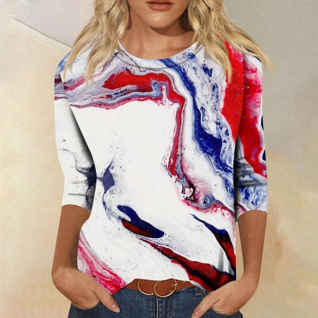 Xihbxyly Hauts et Blouses à Manches 3/4 pour Femmes, T-shirt Imprimé Mode, Blouse à Manches 3/4, Col Rond, Hauts Décontractés