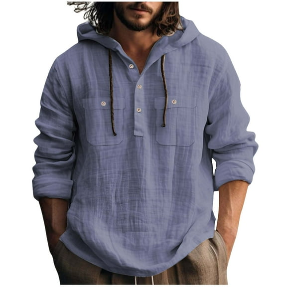 USNSM Mens Cotton Linen Hoodies Long Sleeve Button Down Shirts Casual Solid Color Pocket Drawstring Sweatshirts Blue XL