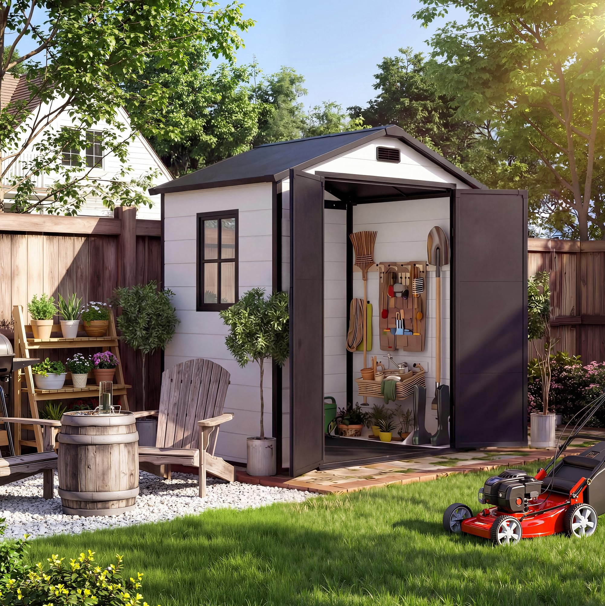 6x4 FT Plastic Resin Outdoor Storage Shed with Floor, Weatherproof Garden Shed with Window & Lockable Door for Tools, Bikes & Lawn Mowers-Gray+ Black