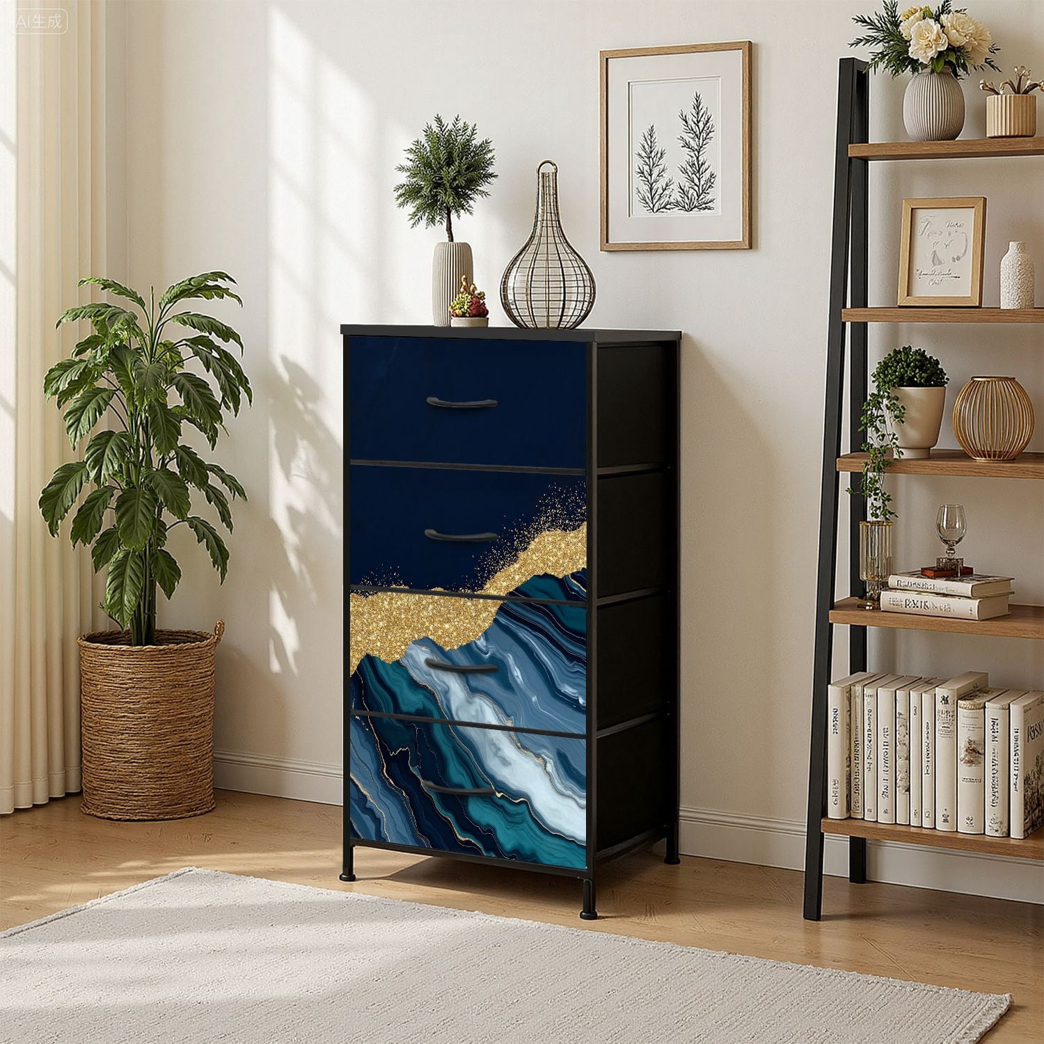 Kanworse 4 Drawer Fabric Dresser for Bedroom abstract blue agate golden veins white Chests of Drawers for Closet Organizers Storage