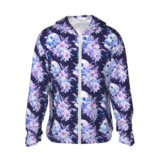 Fotbe blue starry sky Skull flower Chaqueta con Protección Solar UPF 50+ para Hombre y Mujer, Camisa con Capucha y Bolsillos-Medium