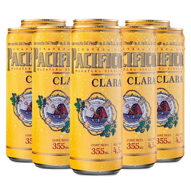 Cerveza Pacífico Clara 24 Latas de 355ml, Refrescante y Ligera con un toque cítrico, perfecta para acompañar la comida del mar