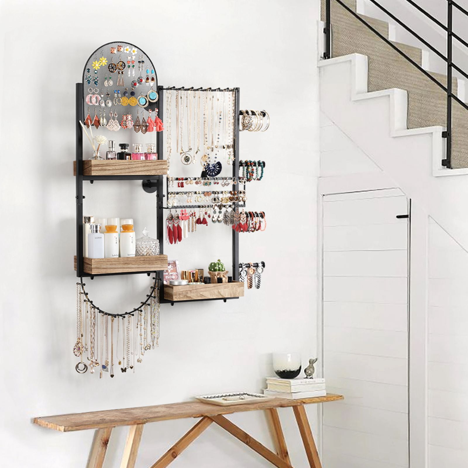 Olakee Large-Capacity Jewelry Organizer Wall Mount with 3 Wood Boxes for Earring, Necklace, Bracelet, and Perfume Display, Girls & Women, Modern, Brown