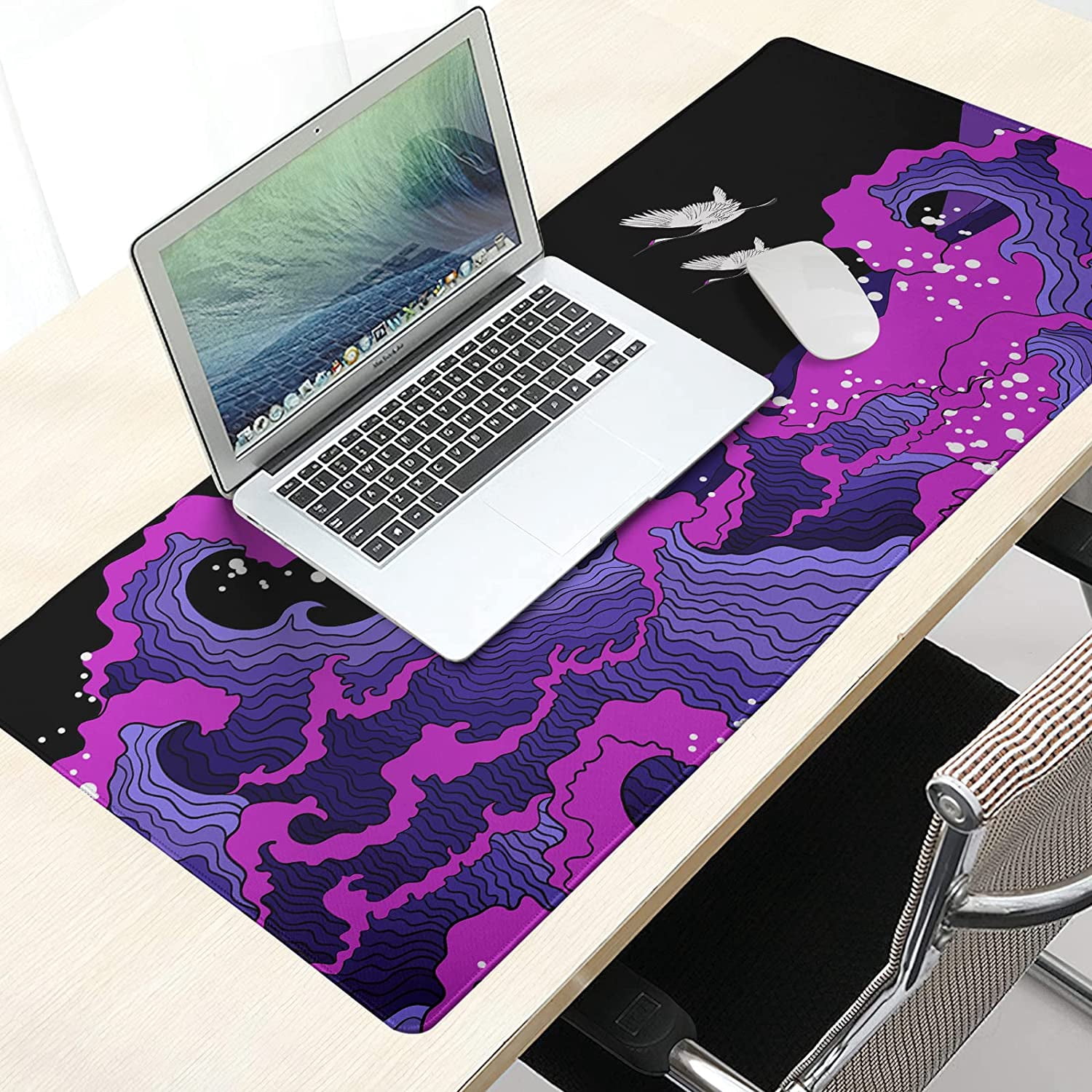 Japanese Balck Blue Purple Wave Gaming Mouse Pad 35.4 X 15.7 Inch