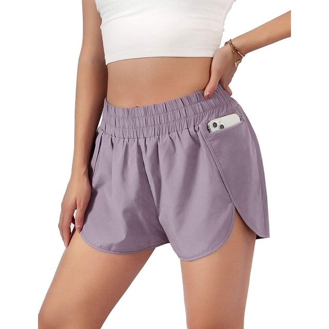 Womens Quick-Dry Running Shorts Sport Layer Elastic Waist Active Workout Shorts with Pockets