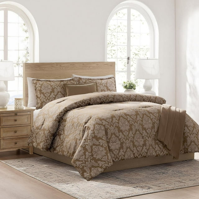Mainstays 5-piece double/queen comforter set featuring beige and cream damask design on bed with matching pillows in sunlit bedroom