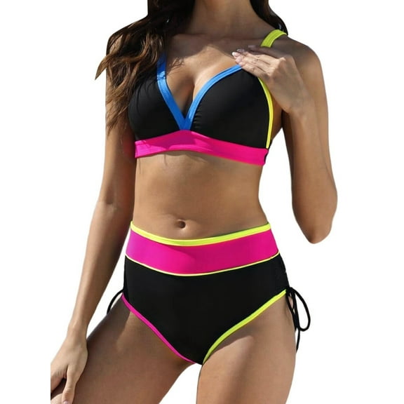 Women Push Up Halter Bikini Swimsuit Padded Bra Tops and Panties Bikini Sets Plus Size Swimsuit Vacation Black S