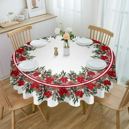 

Round Tablecloth Red Poinsettia Christmass for Dining Table Waterproof Table Cover for Kitchen Living Room