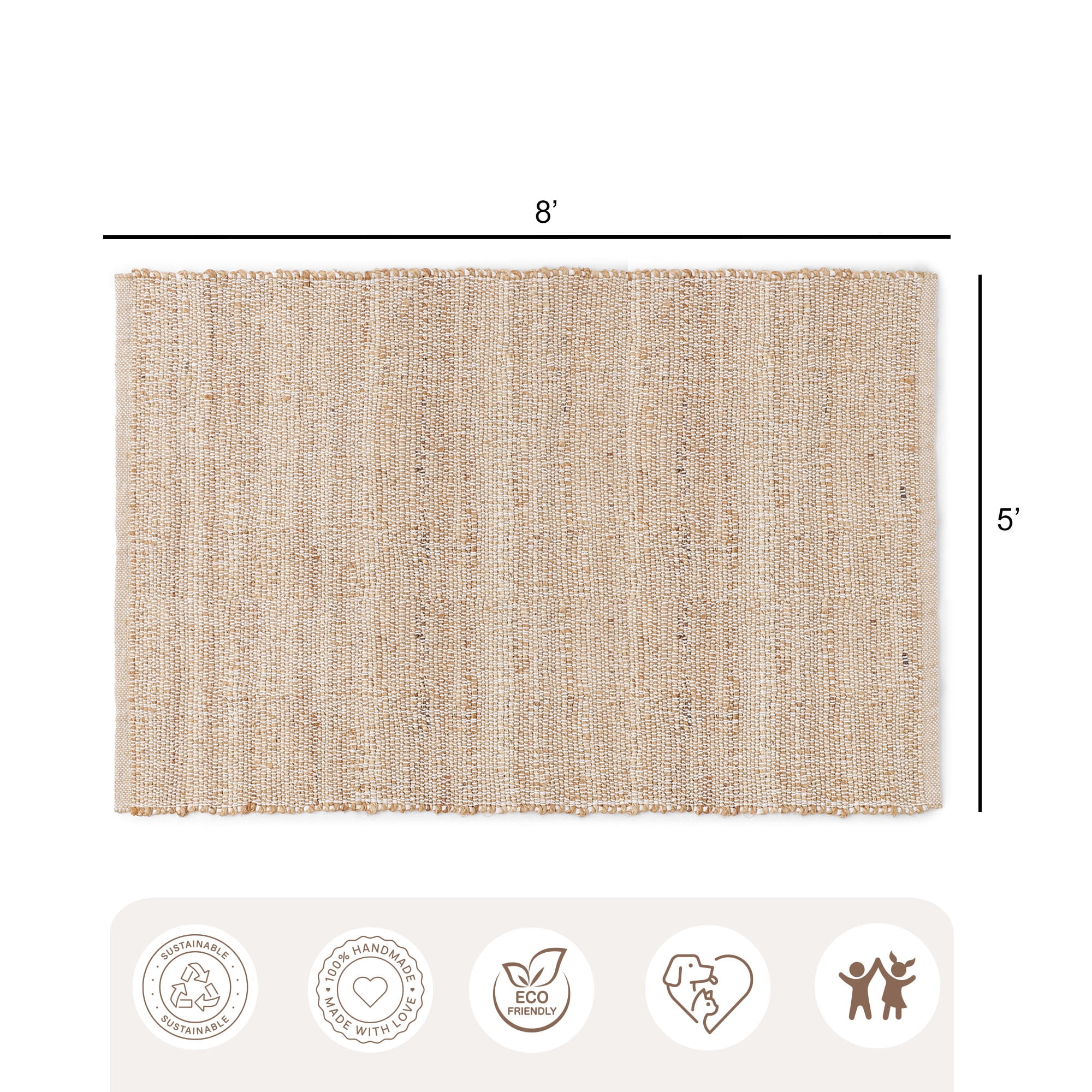 · REDEARTH · Jute Cotton Area Rug - 5'x8' Rectangular Rug, Sustainable Handwoven, Non-Shedding, Soft & Durable – Reversible, Neutral Tones for Home Décor in Living Room, Dining Room, Bedroom