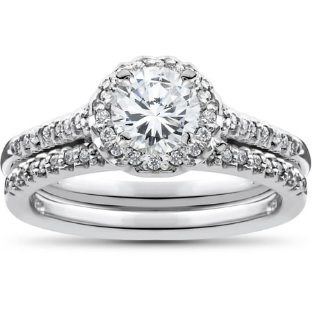 Pompeii 3/4ct Diamond Halo Wedding Engagement Ring Set 10K White Gold (G/H,I2)