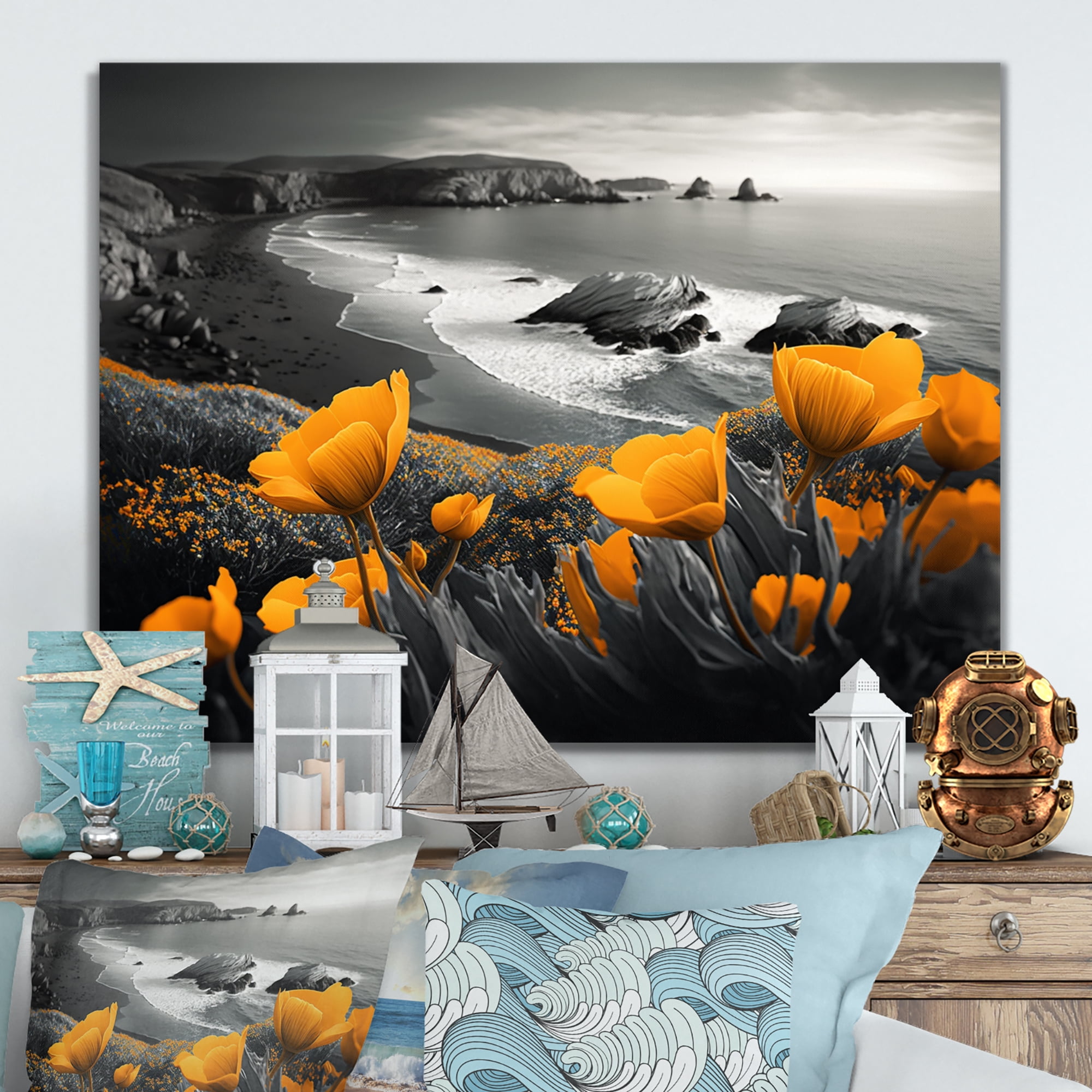 Designart Yellow Flowers By The Coast II Canvas Wall Art
