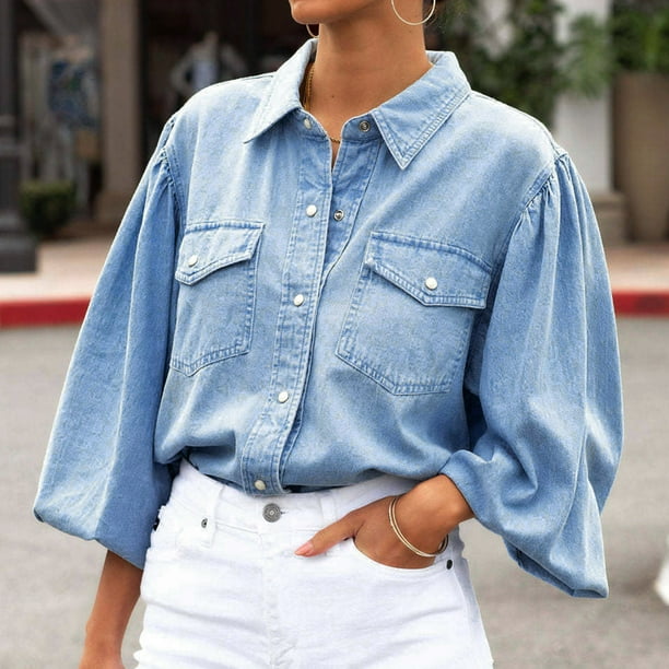 nsendm Womens Coat Adult Female Clothes Faded Jacket Denim Jeans Women s Shirts Full Sleeves Shirt Turn Down Collar Jeans Shirt Twin Jackets for
