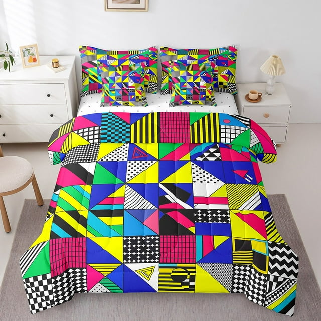 Erosebridal Colorful Triangle Bed in a Bag Queen size, Abstract Geometric Bed Set, Cartoon Bedding Queen Size, Lightweight Room Decor, 7-Piece