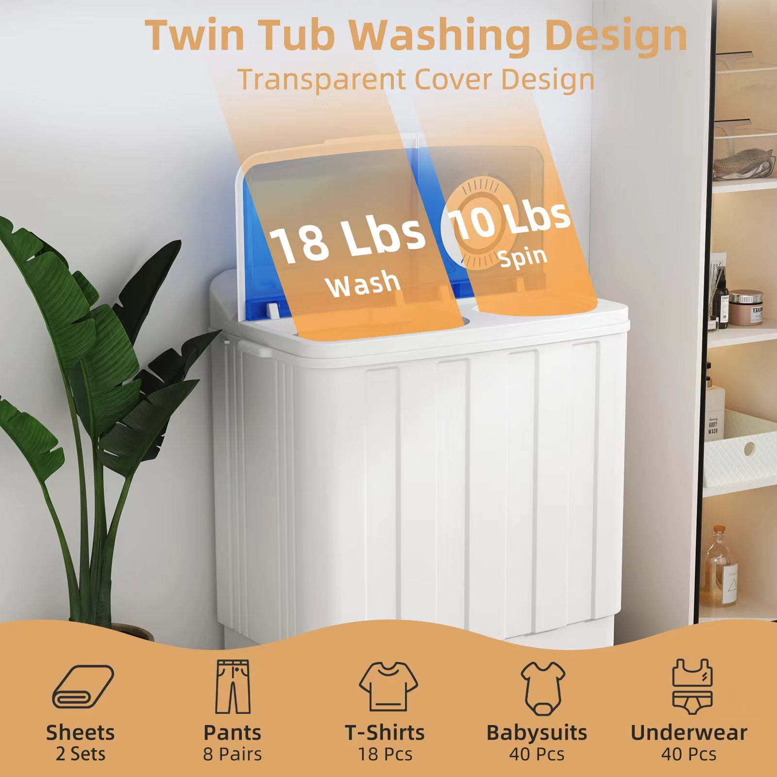 Zynkez Portable Washing Machine, 28Lbs Compact Twin Tub Laundry Washer with Drain Pump, Semi-Automatic 18Lbs Washer and 10Lbs Spinner Combo